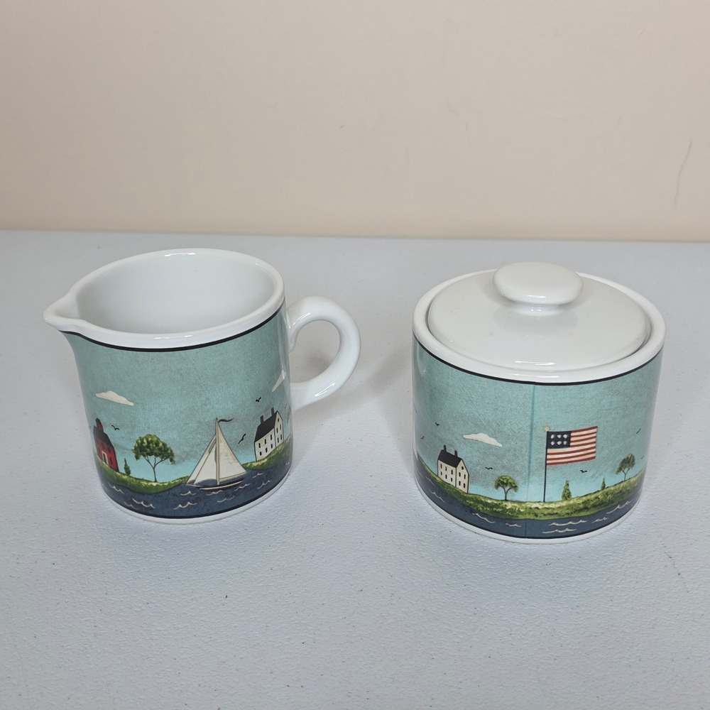 Vintage 1998 Warren Kimble Coastal Breeze Creamer Sugar Bowl Set Nautical Beach